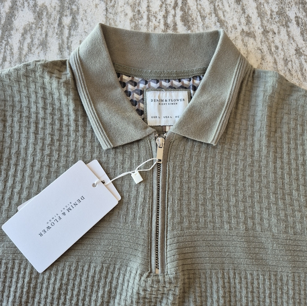 Denim & Flower Men's Jacquard Zip Up Polo Shirt New Size Large